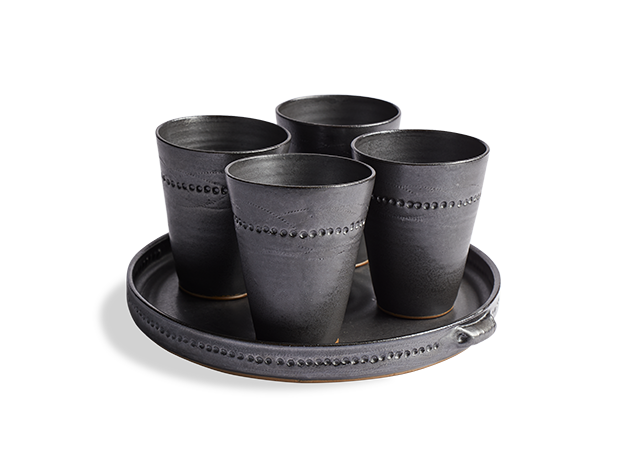 Drinking Cups & Tray Set of 5 Stoneware - Click Image to Close